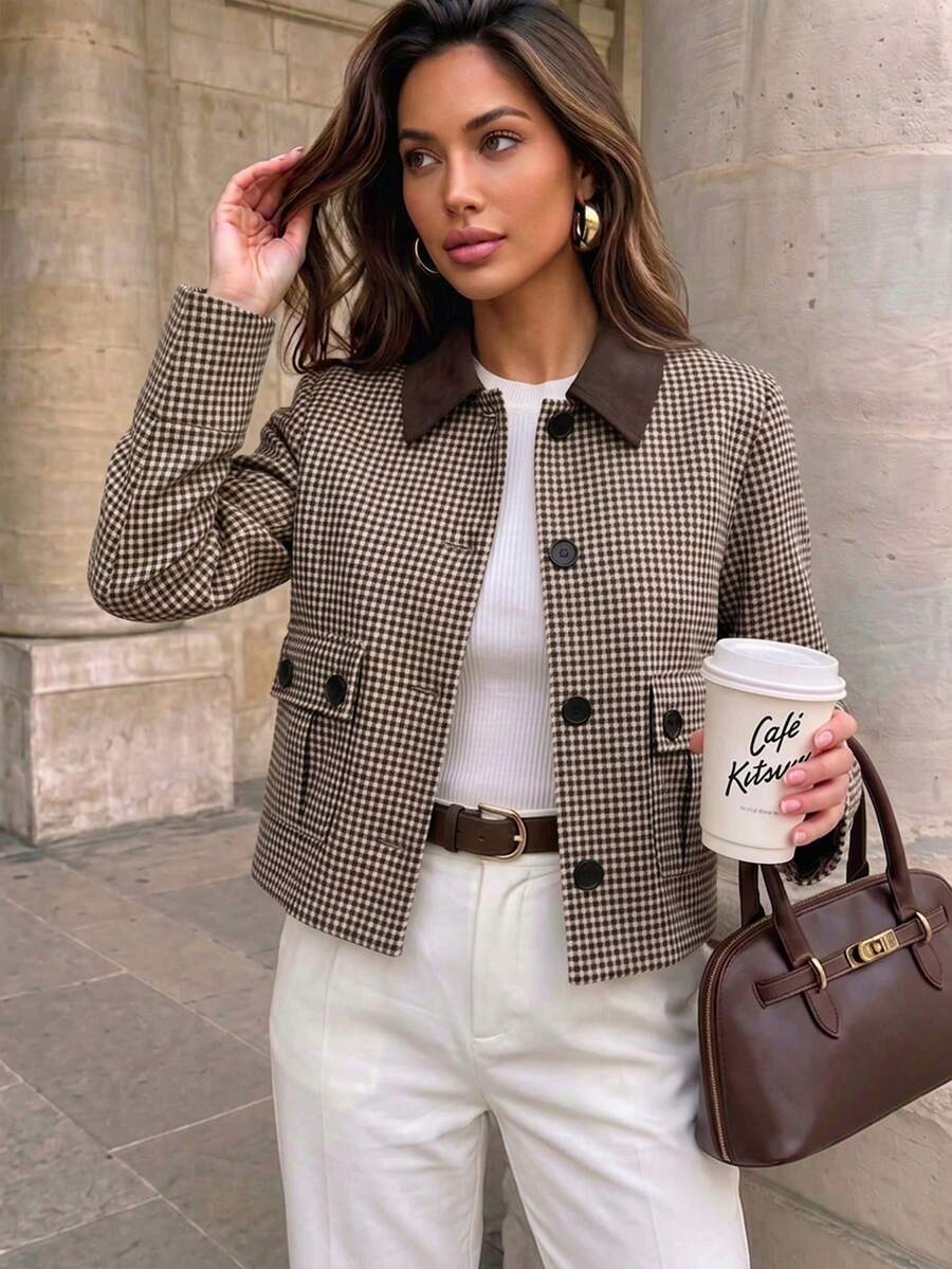 Double-Layer Lined Vintage Houndstooth Short Jacket For Women, Contrast Color Leather Lapel Single-Breasted Large Pocket Petite Jacket, Contrast Collar And Double-Button Design, Long Sleeve Fashion Outerwear