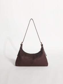 1pc Brown Textured Velvet Crescent Bag With Rivet Embellishment, Baguette Underarm Shoulder Bag For Women, Suitable For Commuting, Dating And Shopping - Coffee - View 8
