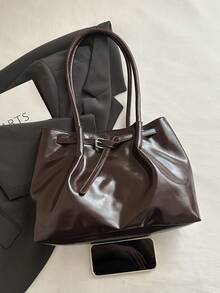 1pc Coffee Brown Buckle Strap Decor Large Capacity Solid Color PU Tote Bag Women's Shoulder Bag - Coffee Brown - View 4