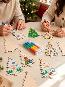 12pcs Wooden Christmas Tree Decorations, DIY Blank Wooden Hanging Ornaments, Suitable For Christmas Tree Handmade Crafts And Winter Party Decor (Beige Christmas Tree) - Multicolor - View 2