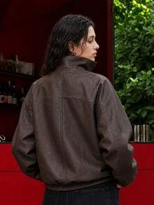OUTTA BOX Vintage Coffee Brown Oversized Motorcycle Aviator Jacket For Women, Stand Collar, Front Placket, Elastic Hem, Autumn/Winter Outerwear Top - Coffee Brown - View 7