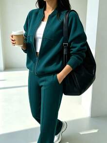 2pcs Casual Solid Color Sweatshirt Jacket Top And Straight Leg Pants Set, Soft Fleece Fabric, Suitable For Spring, Autumn And Winter Elegant Summer - Dark Green - View 6