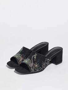 Spring/Summer Fashion Versatile Rhinestone Breathable Single Strap Women's Chunky Heel Open Toe High Heel Sandals - Black - View 7