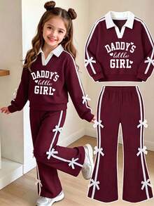 Tween Girl Cartoon Letter Pattern Embroidered V-Neck Long Sleeve Sweatshirt And Pants - Burgundy - View 1