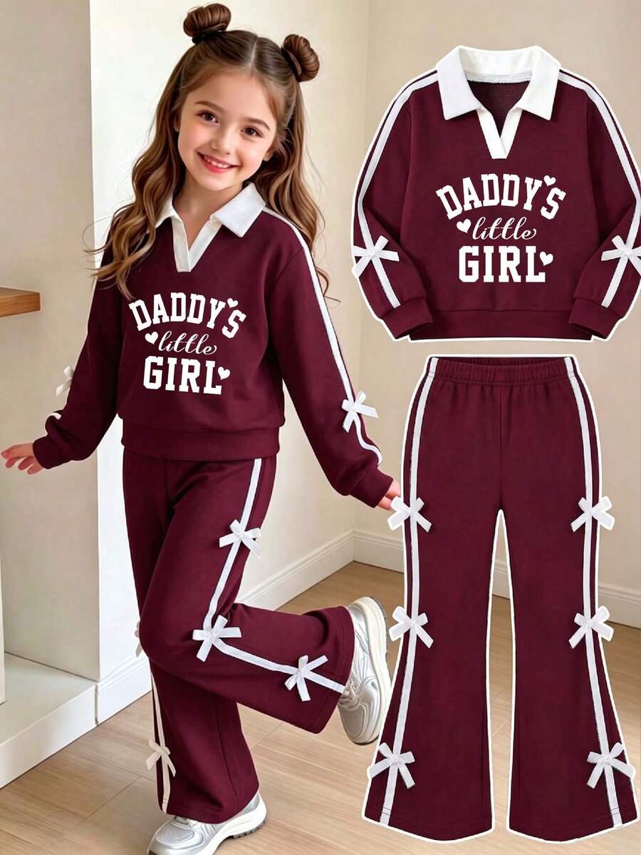 Tween Girl Cartoon Letter Pattern Embroidered V-Neck Long Sleeve Sweatshirt And Pants - Burgundy - View 1