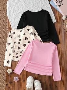Girls 3pcs Set Round Neck Long Sleeve Base Layer T-Shirt, Leopard Print Bow Heart Cherry Print Side Ruched Versatile Inner Wear Top, 3-Piece Combo Set Suitable For Daily School Layering And Inner Wear - Multicolor - View 4