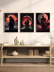 3-Piece Set Mysterious Warrior Wall Art, Red Moon And Mountain Background, Optional Frame - A - View 8