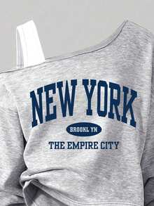 Youth Girl Letter Print Round Neck Asymmetrical Shoulder Long Sleeve Top And Long Pants - Grey - View 3