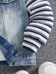 Young Boys Spring Fall Hooded Denim Jacket Denim Top Outerwear Striped Knit Sleeves Washed Button Front Long Sleeve Pockets Casual Outdoor Wear - Blue - View 8