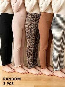 3pcs/Pack Girls Vertical Striped Frill Trim Leggings, Suitable For Outerwear And Layering, Everyday Wear - Multicolor - View 9