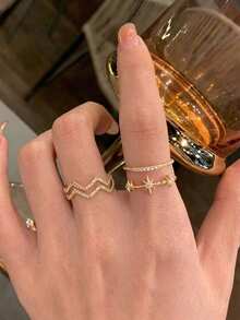 2pcs Gold Copper Rhinestone Shiny Star Wave M-Shaped Ring Set, Versatile Daily Wear, Gift For Friends - Yellow Gold - View 2