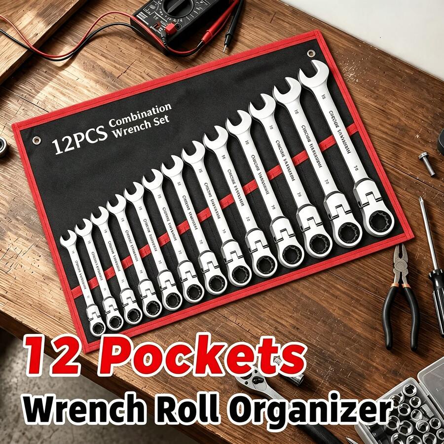 12-Slot Adjustable Dual-Purpose Wrench Storage Bag, Thickened Wear-Resistant Canvas Tool Roll, Car Repair Wrench Storage Bag, Practical Ratchet Wrench Tool Storage Bag - Multicolor - View 1