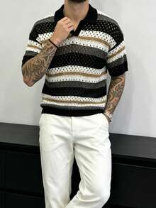 Men's Striped Short Sleeve Hollow Out Casual Knit Top - Black and White - View 4