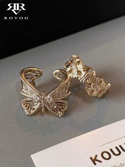 Juego de 2 anillos de aleación de cobre vintage y elegante con decoración de lazo, adecuado para vacaciones y fiestas de mujeres