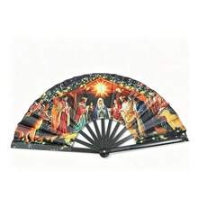 1pc Christmas Nativity Scene Print Folding Hand Fan, Black Plastic Fan Bones, Lightweight Portable Holiday Accessory, Suitable For Daily Use, Travel And Holiday Gift - A - View 9