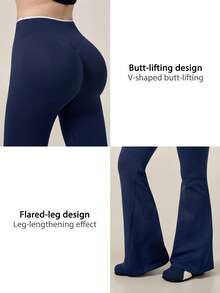 NcmRyu Women's 1pc Colorblock Folded High Waist Waistband Running Gym Yoga Pants With Flared Leg - Navy Blue - View 6