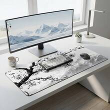 Svart & vit körsbärsblommor bergslandskapsmönster extra lång gamingmusmatta och skrivbordsmatta set, halkfri slitstark gummibotten, slät yta, lämplig för PC, laptop, kontor och hem, abstrakt konstdekor, skolstartstillbehör - A - Visa 8