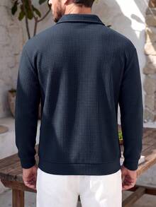 Solid Color Waffle Knit Half-Zip Polo Shirt Men's Textured Casual Long Sleeve Top - Navy Blue - View 2