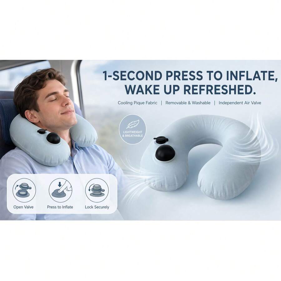 1 buah Bantal Leher Berbentuk U yang Dapat Dipompa, Bantal Penyangga Leher Portabel yang Dapat Dilipat untuk Perjalanan, Cocok untuk Pesawat, Mobil, Kantor, atau Tidur Siang, Bantal Sandaran Leher untuk Perjalanan yang Ringkas dan Mudah Disimpan - A - View 1