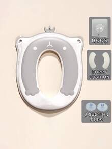 1pc Grey Cartoon Bear Crown Toilet Seat Cover, Suction Cup Fixed, Unisex, Suitable For Toilet Training - Light Grey - View 11
