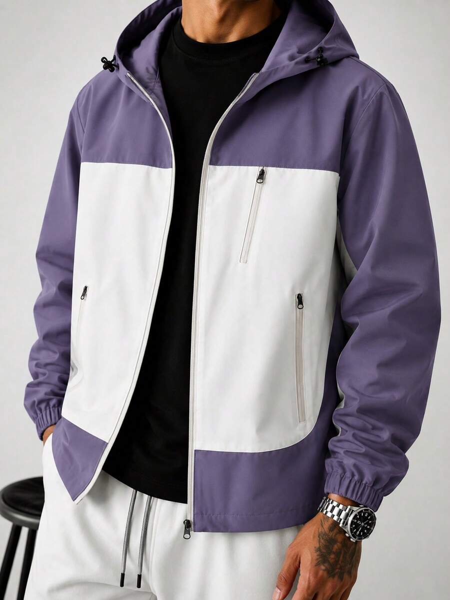 Men's Colorblock Hooded Jacket With Multiple Zipper Pockets, Casual Outdoor Style For Spring And Autumn, Suitable For Daily Wear And Commuting - Purple - View 1
