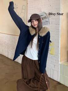 Women's Hooded Plush Patchwork Casual Versatile Daily Wear Cardigan - Navy Blue - View 4