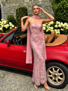 UNITHORSE [Random Cut] Spaghetti Strap Waist-Cinched Backless Tie-Up Sequin Elegant Evening Gown - Pink - View 1