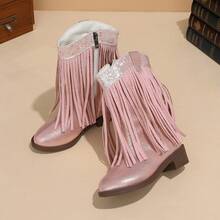 Girls' Boots, Fashionable Comfortable Versatile Tassel High Heel Western Boots, Colorblock Pointed Toe Side Zipper Mid-Calf Casual Boots - Pink - View 6