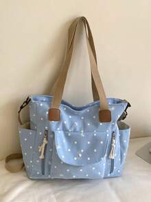 New Korean Style Gentle Polka Dot Bow Decor Large Capacity Multi-Pocket Shoulder Bag, Retro Sweet Lazy Casual Versatile Colorblock Detachable Long Strap Tote Bag, Suitable For Students, Classroom, Commuting, Work, Daily, Shopping, Vacation, Travel - Multicolor - View 16