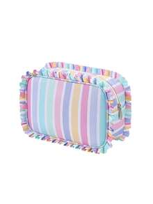 Cute Ruffle Striped Makeup Bag, Large Capacity Zippered Cosmetic Storage Bag, Colorful Striped Toiletries Organizer, Portable Travel Makeup Organizer - Multicolor - View 15