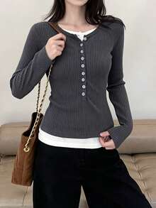 Atasan Dalaman Wanita 2 In 1 Colorblock Lengan Panjang Slim Fit Abu-abu, Serbaguna untuk Musim Gugur - Dark Grey - View 3