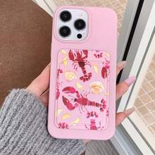 Plain Pink Lychee Texture Shell Crayfish Card Holder Phone Case, Self-Adhesive Card Slot Compatible With IPhone 13, 15 Pro Max - Multicolor - View 1