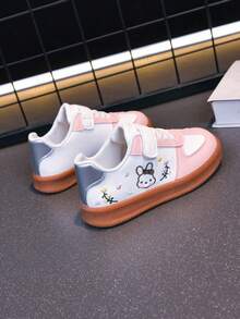 Girls' Pink & White Rabbit Embroidery Casual Sneakers, Hook & Loop Non-Slip Soft Sole Kids' Sports Shoes, Versatile For Spring & Autumn - Pink - View 6