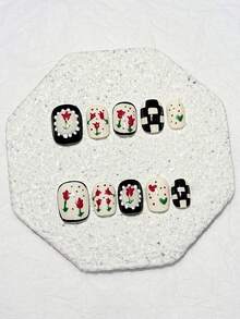 10片乳白色復古鬱金香手繪黑白棋盤格短圓形可拆卸可重複使用美甲貼紙（1張果凍貼紙 + 1個指甲锉） - 彩色 - 查看 12