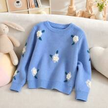 Tween Girl Cute Floral Knit Sweater, Long Sleeve Crew Neck Pullover, Comfortable Casual Top, Perfect For Autumn/Winter, School, Daily Wear And Holiday - Multicolor - View 2