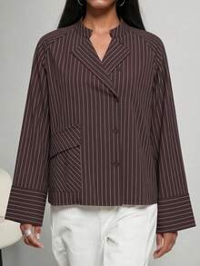 Women's Autumn Fashion Striped Stand Collar Long Sleeve Shirt, Button Front With Pocket, Loose Polyester Blouse - Coffee Brown - View 3
