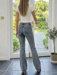 UMINOW Women's Y2K Casual Flare Jeans, Vintage Washed Denim With Pockets And Whiskering Design, Long Length Slight Stretch, Versatile Daily Commute Jeans - Grey - View 3