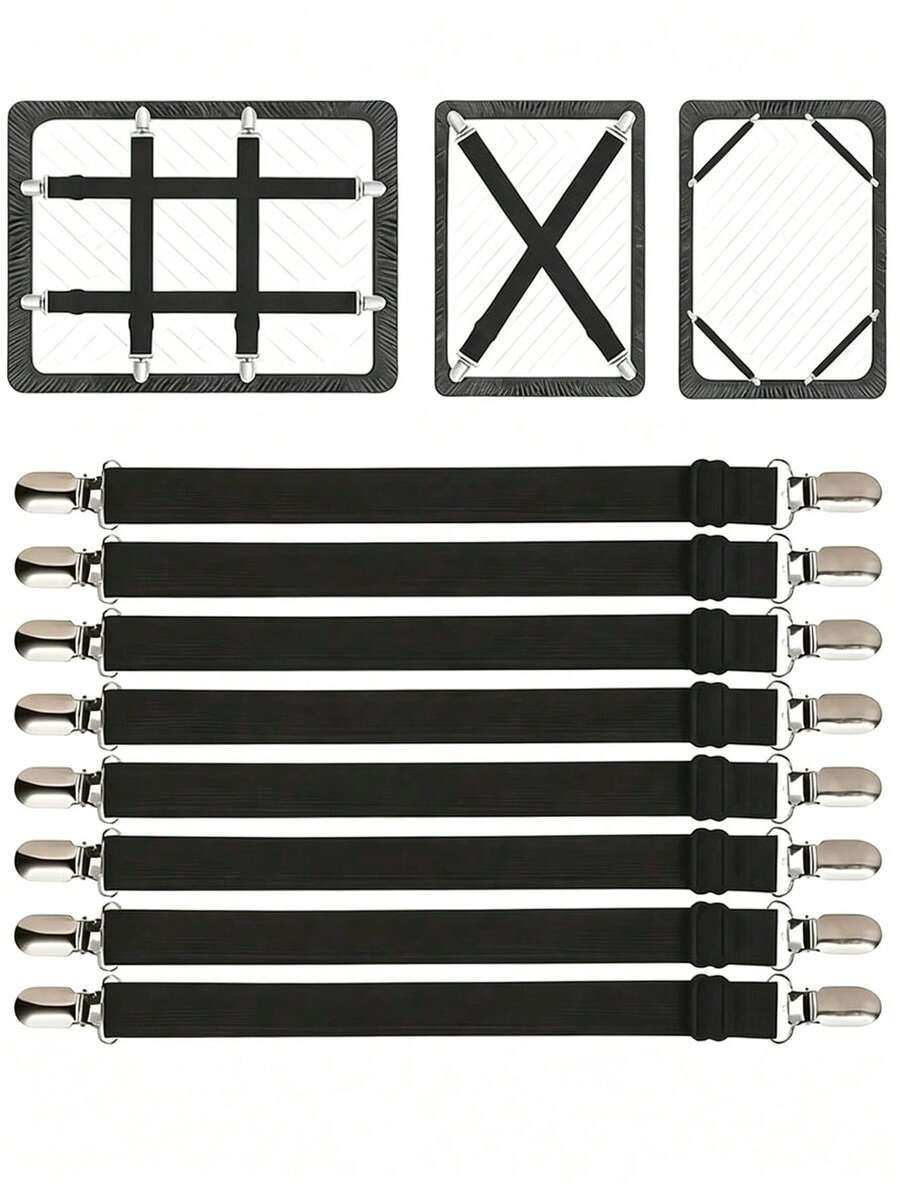 8pcs Adjustable Elastic Bed Sheet Fasteners With Metal Clips, Non-Slip Bed Sheet Corner Grippers, Multi-Purpose Fixing Straps For Bed Sheets, Sofa Cushions And Tablecloths, Bed Sheet Fixing Clips/Buckles, Fitted Sheet Fasteners - Black - View 1