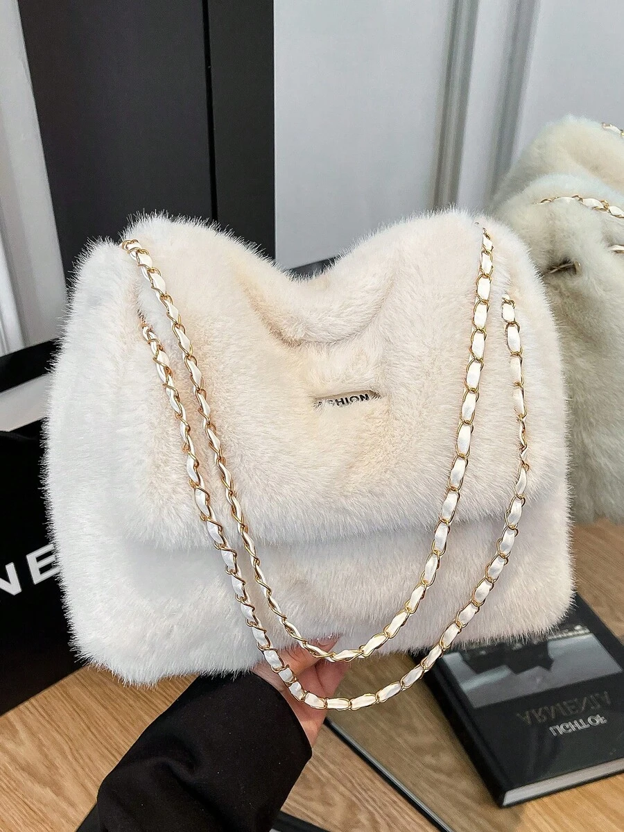 Autumn/Winter New Plush Bag, Solid Color Minimalist Flap Plush Bag, Lightweight Large Capacity Shoulder Crossbody Women's Bag, Chain Square Design, Suitable For Women's Daily Use