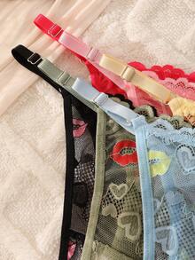 SQPVEH 6pcs Women's Sexy Adjustable Waistband Thong Panties With Lip Print Pattern, Lace Patchwork, Comfortable Elastic Breathable Triangle Thongs - Multicolor - View 6