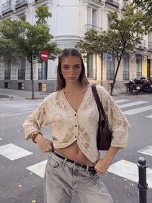 Bohemian Style Women's Crochet Knit Blouse, Lightweight & Flowy For Vacation, Brunch, Mother's Day Gift Summer - Apricot - View 3