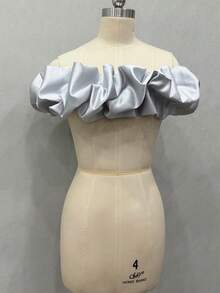 1pc White Bridal Wedding Dress Satin Strapless Dress With Adjustable Back, Off-The-Shoulder Shawl And Camisole - Multicolor - View 26