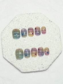 10pcs Dreamy Rainbow Gradient Silver Line Cat Eye Star Short Round Removable Reusable False Nails Nail Art Supplies (1pc Jelly Sticker + 1pc Nail File) - Multicolor - View 14