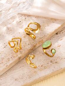 4pcs Vintage Luxury Stainless Steel Gold Ring Set, Inlaid With Light Green Gemstone, Geometric Open Design, Suitable For Women's Daily Wear, Dating, Holiday, Halloween, Saudi National Day - Gold - View 6
