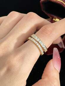 1pc Elegant Minimalist Double Layer Zirconia Geometric Square Full Rhinestone Gold Adjustable Ring, Suitable For Women's Daily Commute, Holidays, Gifts - Gold - View 5
