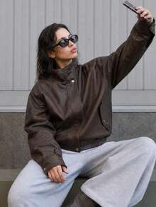OUTTA BOX Vintage Coffee Brown Oversized Motorcycle Aviator Jacket For Women, Stand Collar, Front Placket, Elastic Hem, Autumn/Winter Outerwear Top - Coffee Brown - View 2