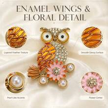 Retro Enamel Owl Lapel Pin, Rhinestone Pearl Flower Inlaid Animal Brooch, Two‑Tone Elegant Accessory For Women Daily Outfit - Multicolor - View 10