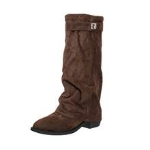 Women's Vintage Ruched Western Tall Boots, Metal Buckle Decor Low Heel Faux Suede High Shaft Cowboy Boots - Brown - View 8