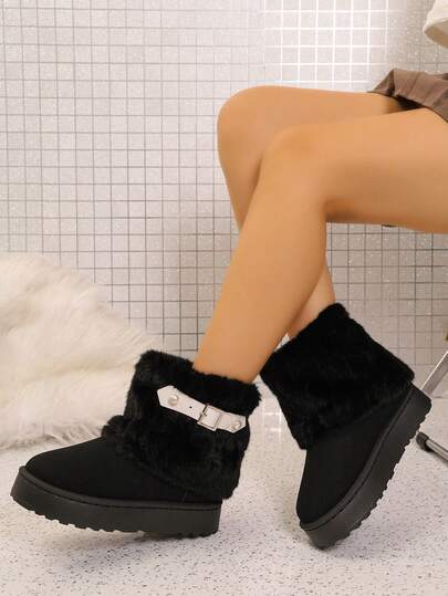 Women's Solid Color Plush Fur Trim Snow Boots, White Pearl Decor Buckle Strap Thick Sole Ankle Boots