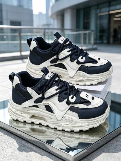 Zapatillas deportivas de hombre con bloques de color y suela gruesa, zapatos casuales con cordones antideslizantes y suela gruesa que aumentan la altura, zapatos de moda para caminar por la calle